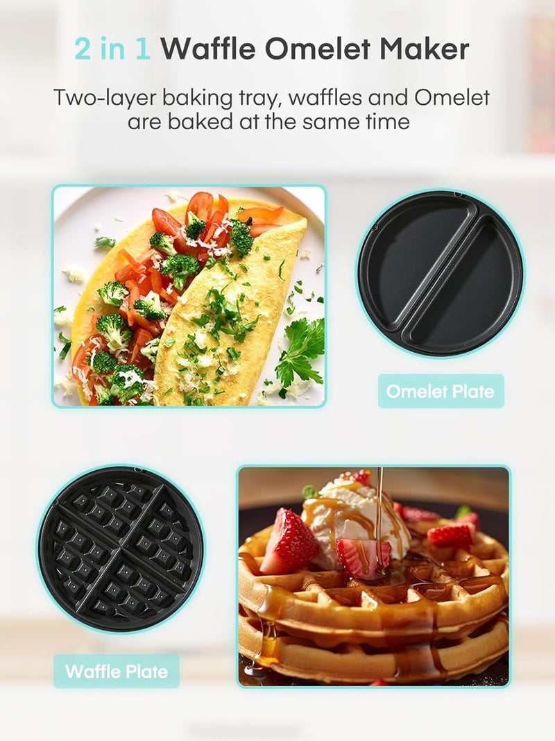 FOHERE 2-in-1 Omelette Maker&Waffle Maker, 1400W Omelet Waffle Maker 180° Flip, Adjustable Browning Control, Non-Removable & Nonstick Pans, Make Two Omelet and One Waffle at Once for Home (Mint Green) - Image 2